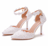 Women’s White Pearl Lace Floral Buckle High Heels Wedding Pumps