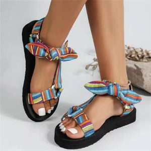 Lovely Bowknot Plaid Thick Sole Velcro Beach Sandals for Women