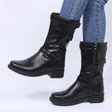 Women's Fashion Block Heel Solid-Color Leather Buckle Mid-Calf Boots