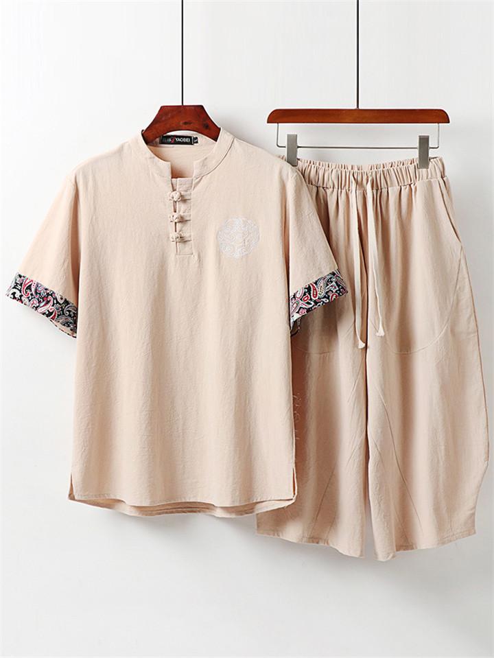 Loose Fit 2-Piece Outfit Notched Neck Retro Button Totem Print Short Sleeve Top + Drawstring Cropped Pants