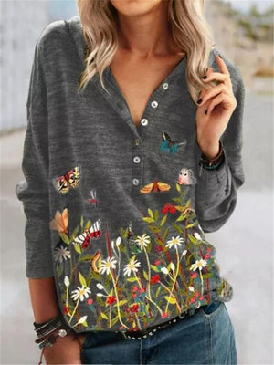 Casual Style Button Up Floral Pattern Long Sleeve Pullover Tops