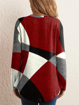 Geometric Contrast Color Long Sleeve Side Button Female T-shirts