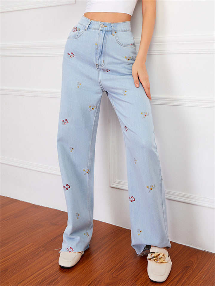 Casual Style Floral Embroidery Straight-Leg Light Blue Denim Jeans for Women