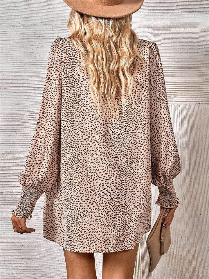 Ladies Unique Fashionable Leopard Print Lantern Sleeve Blouses