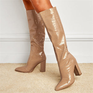 Elegant Lady Pointed Toe Chunky Heels Long Boots for Fashion Show