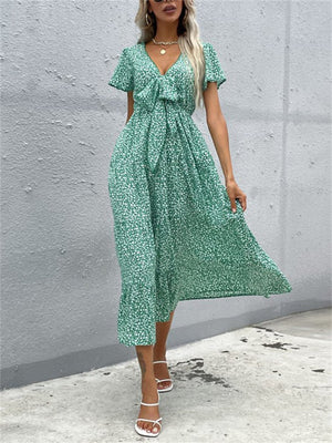 Stylish Elegant Slim Green Printed V Neck Short Sleeve Dresses