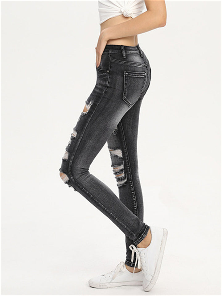 Youth Street Style Slim Fit Stretchy Ripped Denim Jeans for Women