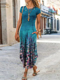 Round Neck Short Sleeve Pocket Floral All-Over Print Curved Hem Dress