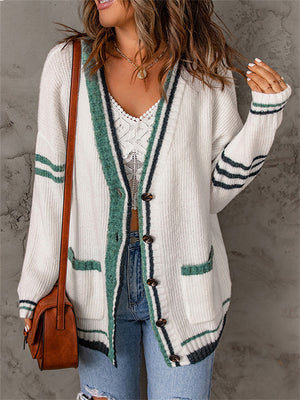 Trendy V Neck Long Sleeve Contrast Color Sweaters