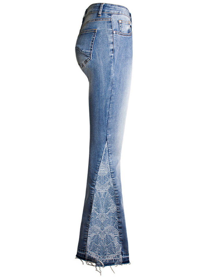 Women's Vintage Style Bell Bottom Floral Embroidery Casual Jeans