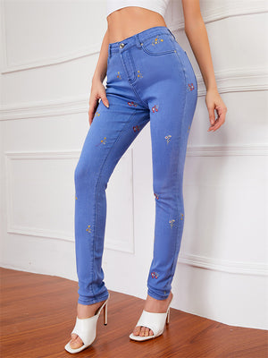 Campus Style Lovely Small Floral Embroidery Slim Fit Blue Denim Jeans