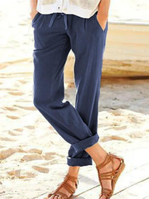 Casual Fit Solid Color Drawstring Pocket Straight-Leg Linen Pants