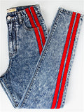 Street Style Red Patchwork Washed Effect Light Blue Denim Pants for Women