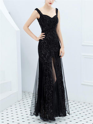 Stunning Sequined High Slit Formal Tulle Dress for Dinner