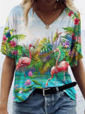 Loose Fit Multicolor Printed V Neck Pullover Short Sleeve T-Shirt