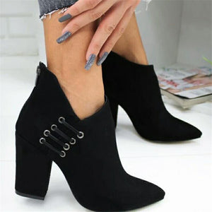 Trendy Pointed Toe Chunky High Heel Back Zipper Short Boots