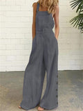Retro Solid Color Sleeveless Side Pocket Casual Wide-Leg Side Buckle Jumpsuit