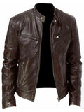 Business Gentleman Warm Zipper Pocket Stand Collar Leather Jacket