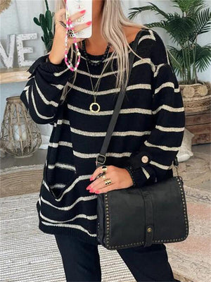 Contrast Color Striped Round Neck Loose Sweaters For Women