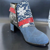Vintage Textured Thick Heels Buckle Side Zipper Women's Boots