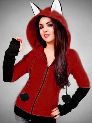 Adorable Fox Ear Drawstring Hooded Full Zipper Sweatshirt