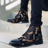 Men's Fashion Floral Printed Black Jack Boots