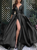 Flowing Low V Neck Half Sleeve Thigh High Slit Dress for Prom