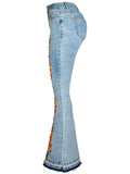 Women's Vintage Style Floral Embroidery Bell Bottom Blue Jeans