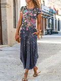 Round Neck Short Sleeve Pocket Floral All-Over Print Curved Hem Dress