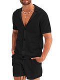 Sandy Beach Mesh Knitted Lapel Short Sleeve Sets for Men