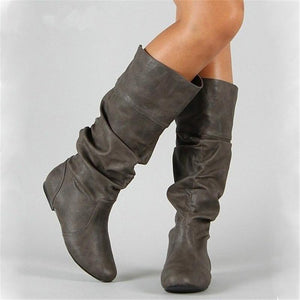 Fashion Slouch Leather Mid-Calf Flat Boots
