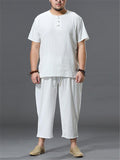 Loose Fit Linen 2-Piece Round Neck Button T-Shirt + Drawstring Cropped Pants