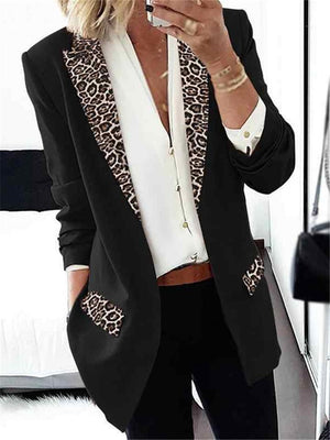 Slim Fit Lapel Collar Leopard Printed Flap Pocket Midi Length Blazer