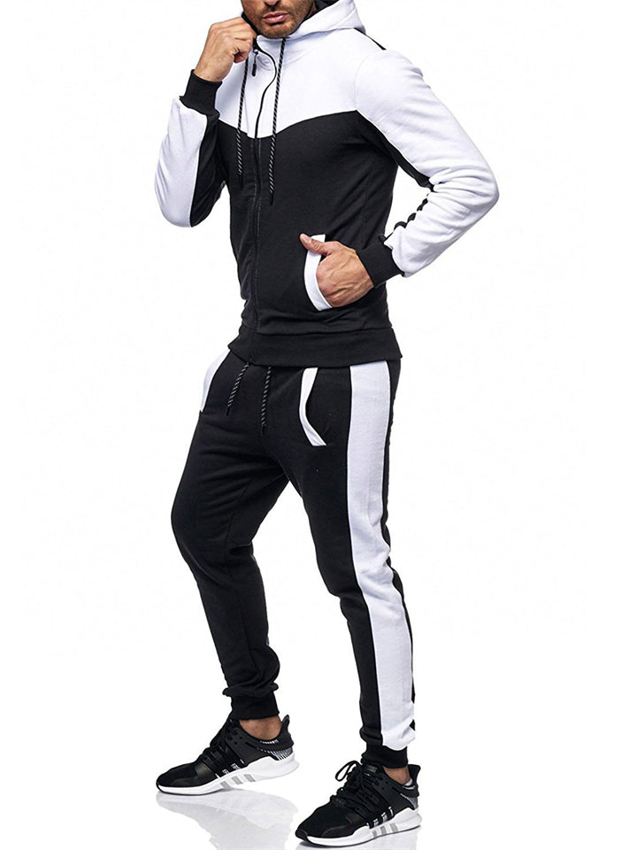 Classic Leisure Contrast Color Men's Hooded Two Pieces Set