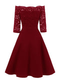 Elegant Off Shoulder Floral Lace 3/4 Sleeve High Waist Flare Dress