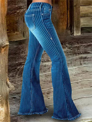 Fashion Thin Vertical Striped Ladies Bell Bottom Jeans