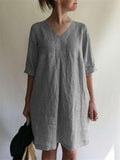 Loose Fit V Neck Half Sleeve Cotton Linen Pullover Midi Dress