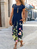 Round Neck Short Sleeve Pocket Floral All-Over Print Curved Hem Dress