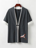 Comfy Embroidery Linen 2-Piece Contrast Color Shirt + Drawstring Full-Length Pants