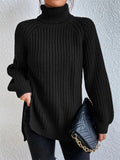 Womens Trendy Turtleneck Side Split Hem Oversized Long Sleeve Knitted Sweaters