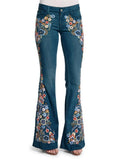 Retro Embroidery Floral Slim Fit Bell-Bottom Denim Pants