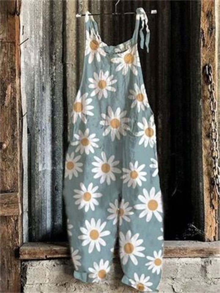 Square Neck All-Over Floral Print Sleeveless Sunflower Floral Overalls