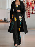Floral Printed Long Coat Tank Top Pants Outfits 3 Pieces Sets