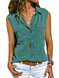 Womens Summer Casual Lapel Collar Button Front Sleeveless Blouses