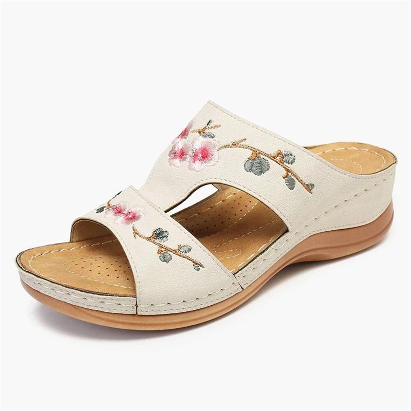Supportive Comfort Soft Footbed Floral Embroidery Wedge Heel Slippers