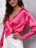 Super Soft Lapel Button Long Sleeve Silky Blouses for Office Lady