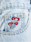 Campus Style Lovely Small Floral Embroidery Slim Fit Light Blue Denim Jeans for Women