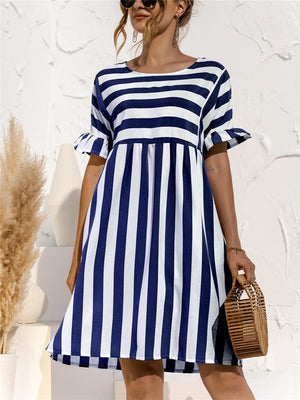 Relaxed Fit Round Neck Striped Ruffled Short Sleeve Flare Midi Dress