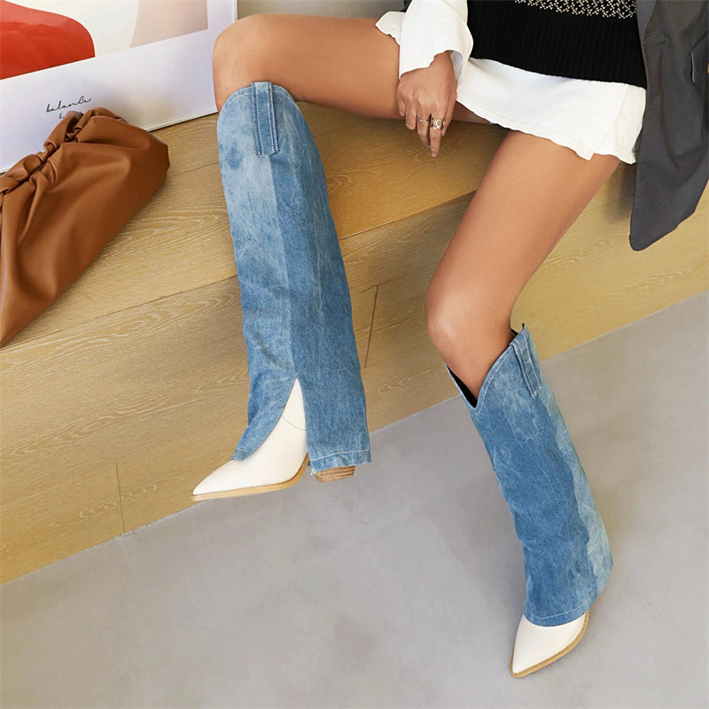 Denim Stitching Women's Pointed Toe Boots