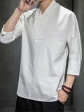 Men Loose 3/4 Sleeve Solid Color Shirts